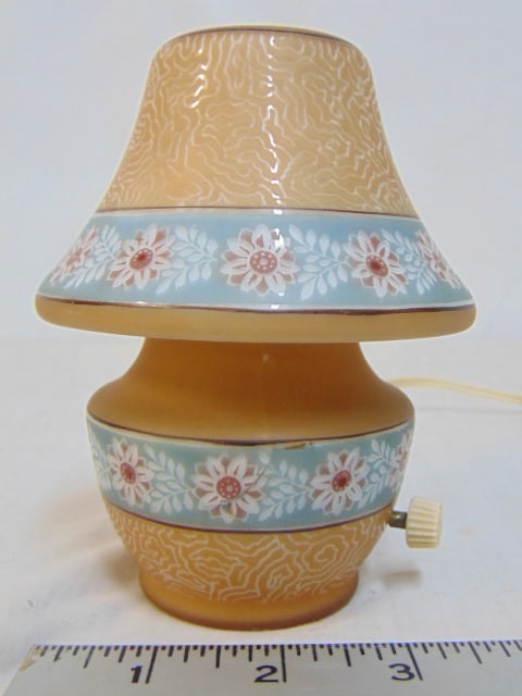 Rare Bellova, Czechoslovakia art glass lamp, small sized, 2 pieces, in amber with decorative border, (1 of 7)