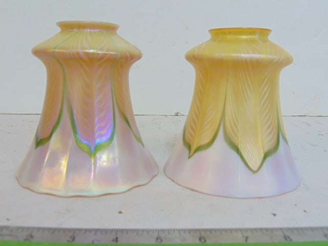 2 Quezal art glass shades, pulled feather, 5", one has large chip at the neck, invisible once (1 of 8)