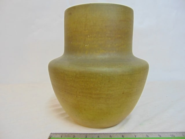 Large LC Tiffany pottery vase, in mustard green, has slight hairline, vase is 10.5" tall, top (1 of 7)