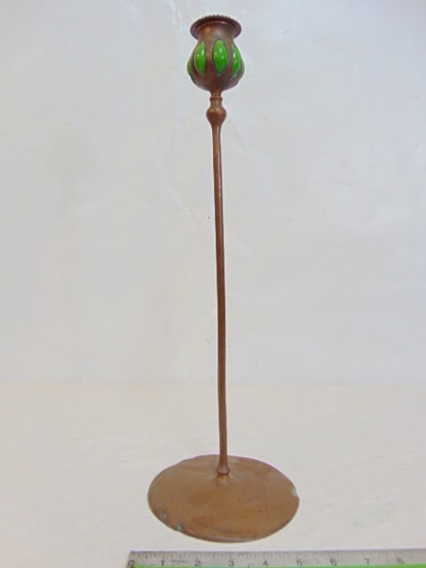 Tiffany bronze candle holder with blown out glass candle cup, glass broken, as is condition, height (1 of 9)