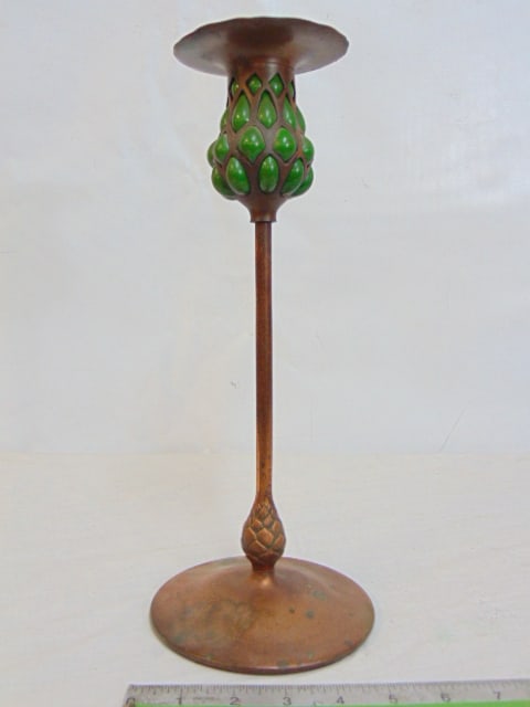 Tiffany bronze candle holder with blown out glass candle cup, some stains on patina, glass good, (1 of 9)