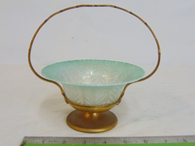 Tiffany Favrile art glass bowl in original holder, in light green pattern glass, bowl is 5.75" wide, (1 of 6)