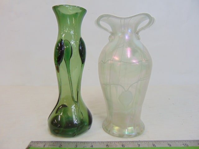 2 art glass vases, possibly by Loetz, green vase, height is 9" & frosty opalescent vase with white (1 of 5)