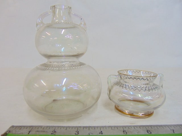 2 Loetz art glass vases, clear opalescent glass with intricate patterns, bowl, vase with gilt rim is (1 of 6)