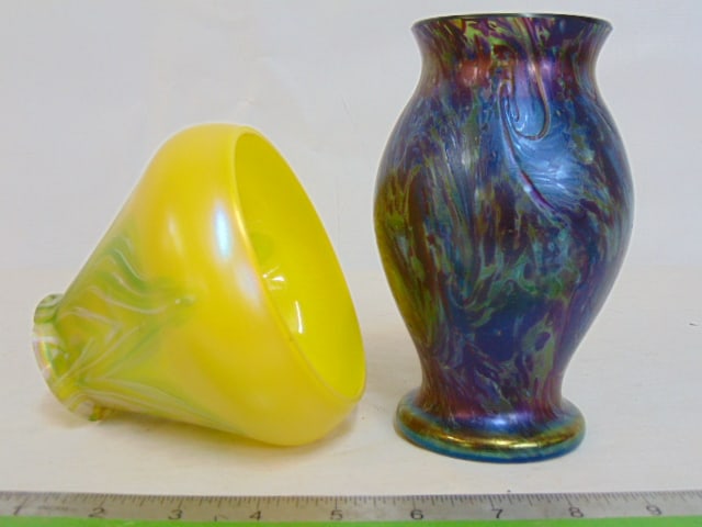 Loetz style art glass vase & shade, purple to blue art glass vase, 6 3/8" tall, & yellow art glass (1 of 7)