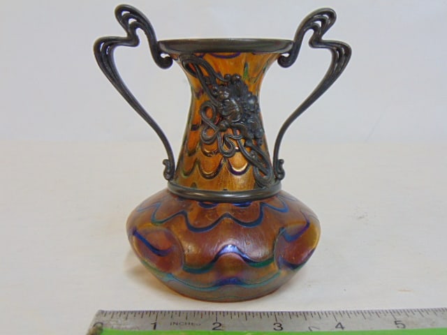 Loetz style art glass vase with Pewter overlay, amber & blue glass with Pewter handles & decoration (1 of 6)