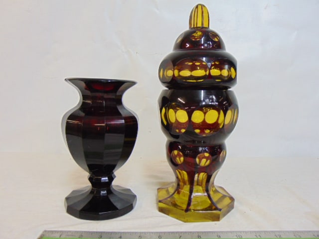 2 pieces Moser glass, lidded vase in red & amber & red vase, lidded vase is 13" tall, red vase is (1 of 8)