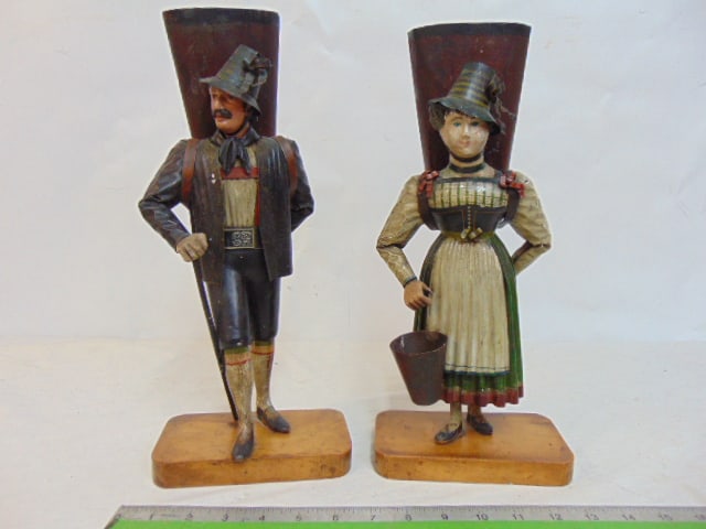 Pair carved polychrome tole figures, planters, man & woman figure with planter on back, original (1 of 7)