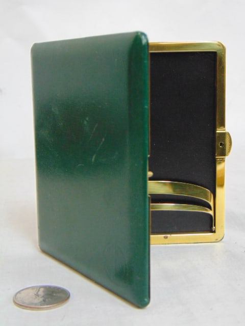 DUNHILL Vintage cigarette case green leather, gold tone interior, made in France, 4x4 3/8", embossed (1 of 6)