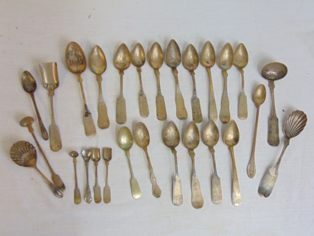 Lot of coin silver spoons, strainer, various makes, 15.5 troy (1 of 5)
