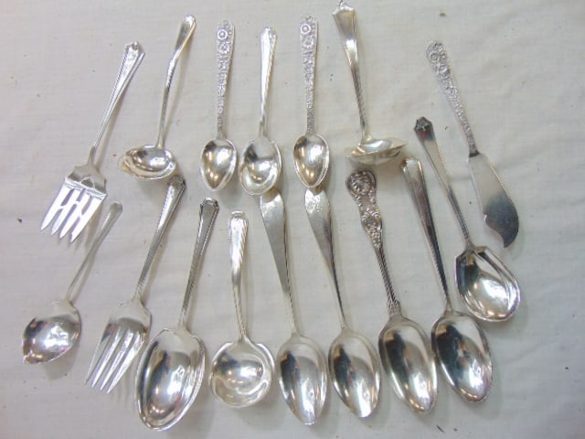 Lot sterling silver serving pieces, serving spoons, forks, ladle, also includes pair fancy spoons, (1 of 4)