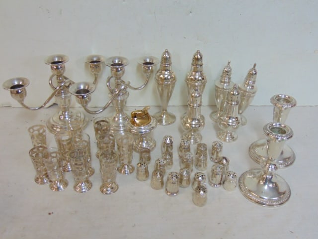 Lot sterling hollowware & weighted sterling, salt & pepper lot, cups plus weighted lighter, candle (1 of 5)