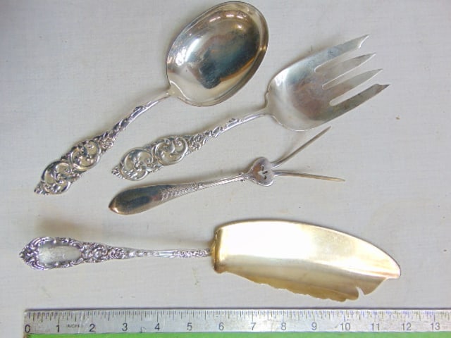 4 sterling silver serving pieces, spoon, forks & cake server, 12.5 troy, (1 of 5)
