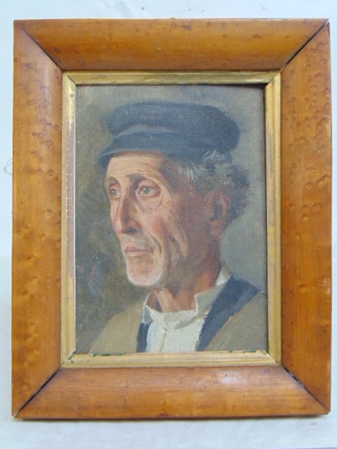 Painting, portrait man with cap, Walt Louderback oil on canvas, 6.75" by 5", in bird's eye frame, (1 of 4)