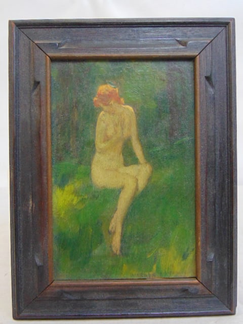Painting, nude girl, signed Warren Davis, oil on board, 5" by 3.25", 7.25" by 5.5" framed.: Painting, nude girl, signed Warren Davis, oil on board, 5" by 3.25", 7.25" by 5.5" framed.