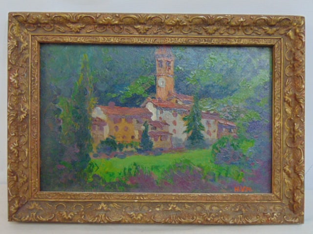 Painting, houses with clock tower, signed H.V.N, Henry van Notti, oil on board, dated on reverse: Painting, houses with clock tower, signed H.V.N, Henry van Notti, oil on board, dated on reverse 1927, 5.75" by 8.5"
