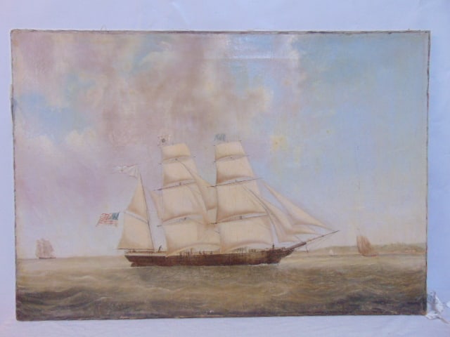 Painting, sail ship at sea, US flag, coast visible in distance, restored condition, relined,: Painting, sail ship at sea, US flag, coast visible in distance, restored condition, relined, unsigned, 28" by 40" possibly overcleaned