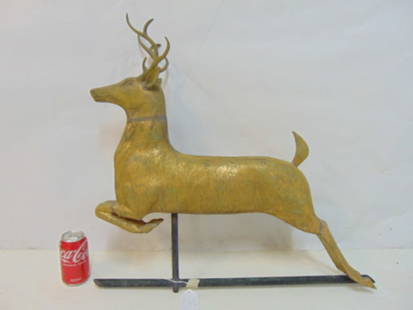 Stag weathervane, gilt patina, attributed to Fiske, jumper with zinc head, weathervane is 26.5": Stag weathervane, gilt patina, attributed to Fiske, jumper with zinc head, weathervane is 26.5" long, height is 25"