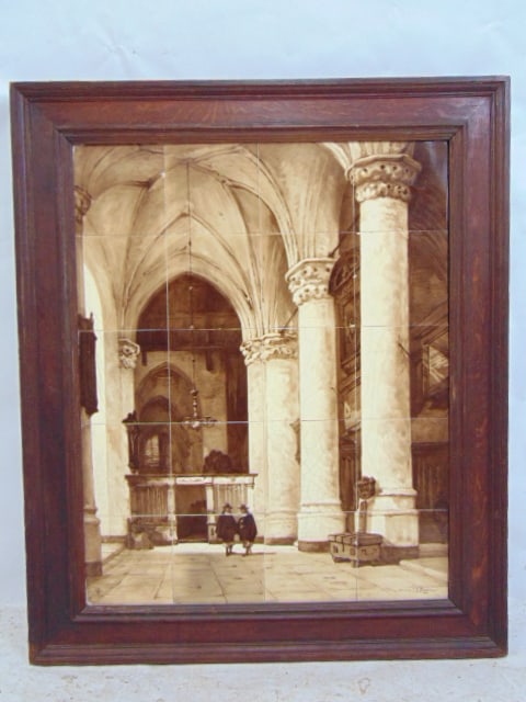 Dutch tile collage, figures in church, brown tiles in ok frame, "naar J.J. Bosboom", total size is (1 of 5)
