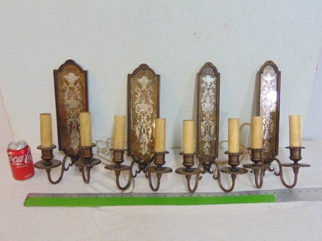 2 pair bronze wall sconces, silver over mica backed, double arms, each sconce is 14.5" tall, two are (1 of 10)