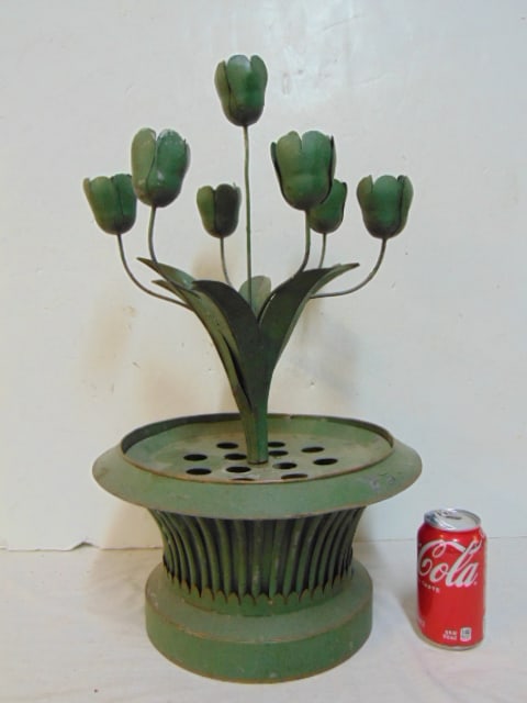 Tole planter with tole tulips in center, in green paint, height is 22.5", diameter is 13.25" (1 of 5)