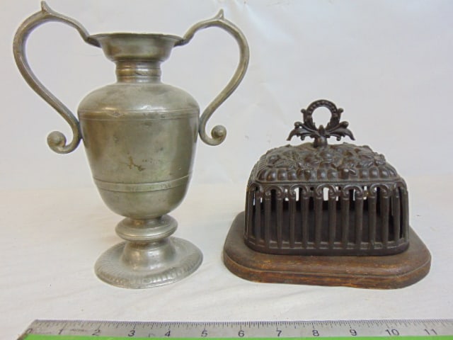 Early pewter urn vase & Iron covered dome on wood base, reticulated iron with bird design, dome is (1 of 6)