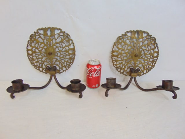 Pair early brass & iron candle sconces, round brass wall plate with tulip in center, and two arms (1 of 5)