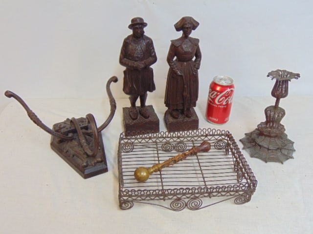 Lot, pair carved wood figures, man & woman, iron & wood coat hanger, fine quality wire candle (1 of 11)