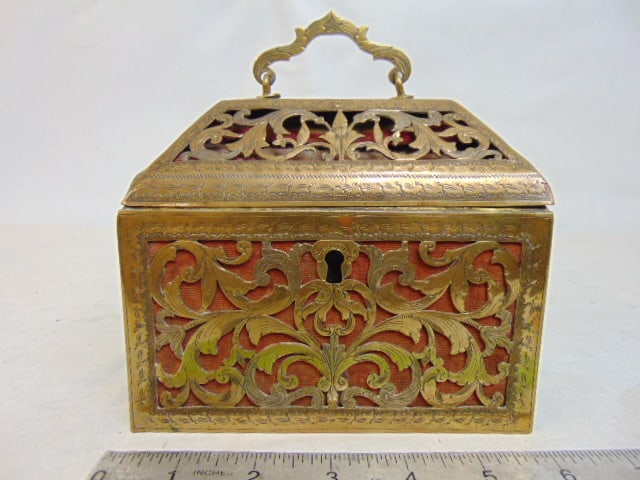 English brass jewel casket, velvet lined reticulated designs, box is 6" by 3.5", height is 5": English brass jewel casket, velvet lined reticulated designs, box is 6" by 3.5", height is 5"