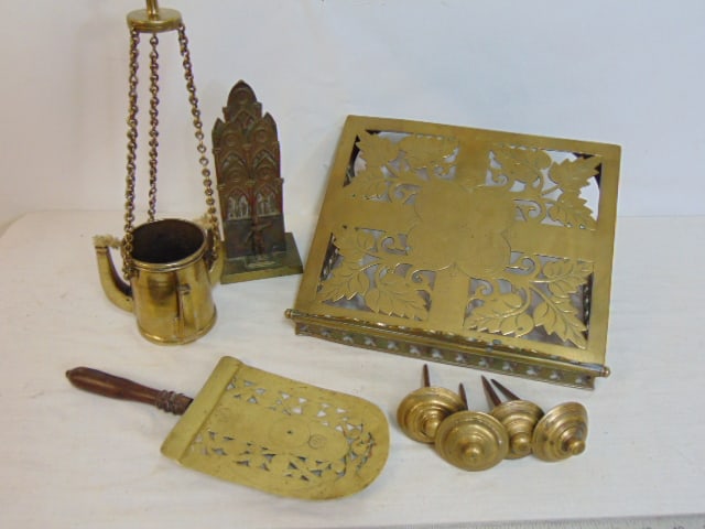 Lot early English brass, hanging oil lamp with three spouts, Gothic style letter holder with knight (1 of 9)