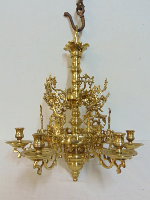Heavy brass antique candle hanging fixture, 6 arms, decorated with running deer & flowers, with (1 of 7)