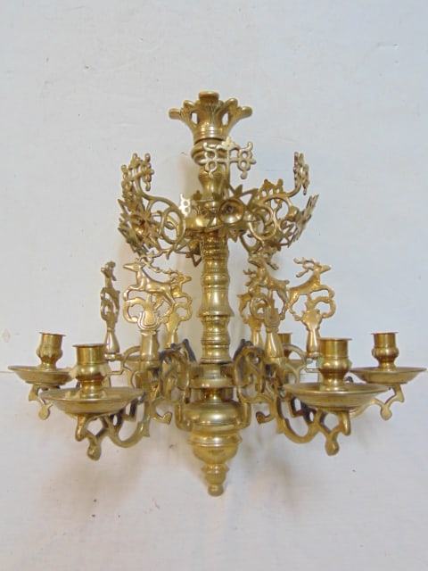 Heavy brass antique candle hanging fixture, 6 arms, decorated with running deer & flowers, fixture: Heavy brass antique candle hanging fixture, 6 arms, decorated with running deer & flowers, fixture is 18.75" tall.