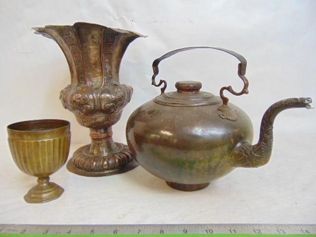 3 early copper pieces, kettle with ornate spout, small solid cup & pressed copper vase, vase is 9.5" (1 of 6)