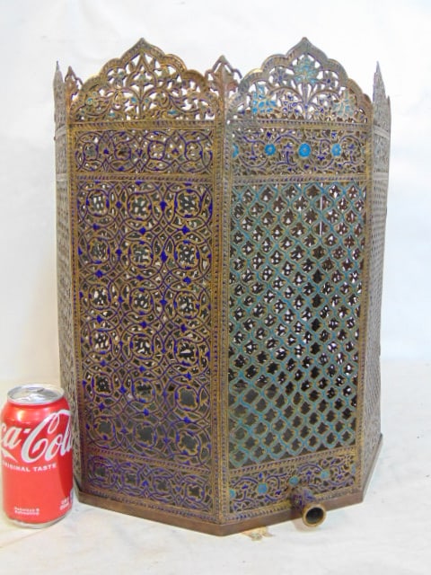 Octagonal shaped brass enameled Persian table, has small, handles protruding from side, door on (1 of 9)