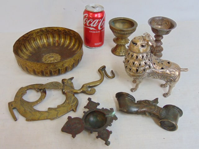Persian lot, brass, silver-plate, includes animal incense vessel, ancient lamp parts, figural wall (1 of 11)