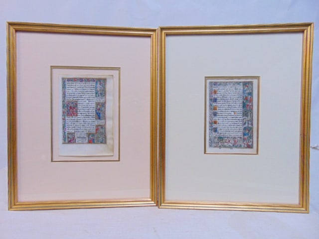 2 illustrated medieval pages on vellum, Latin text, from a printed book of hours, Paris, circa 1500, (1 of 8)