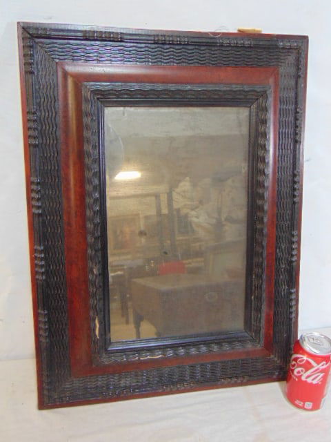 Decorative mirror, frame, carved ebonized detail red burl (faux ?) wood, total size is 23.25" by (1 of 4)