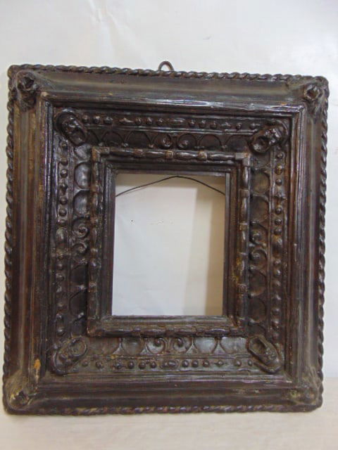 Early carved wood frame, opening is 9" by 7.75", outside dimensions 20.75" by 19.5" (1 of 4)