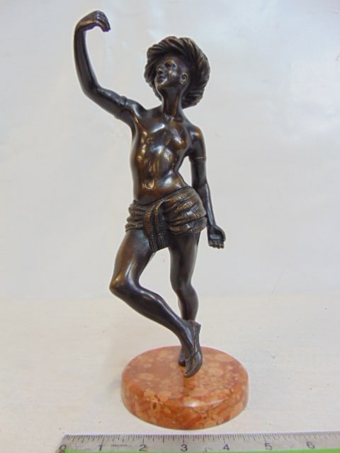 Bronze figure, Indian dancer, performer, on pink marble base, unsigned, height is 11.25" (1 of 4)