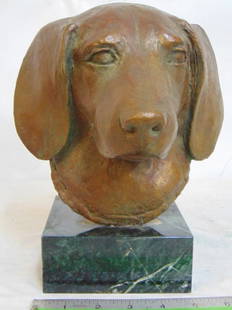 Bronze dog head, Helen Jackson Brill, on marble base, sculpture is 9 5/8" tall: Bronze dog head, Helen Jackson Brill, on marble base, sculpture is 9 5/8" tall