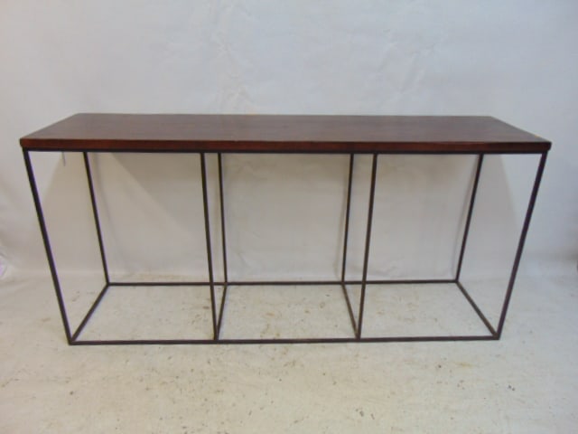 Mid Century iron base, oak top sofa or console table, manner of Paul McCobb, top is 16" by 63", (1 of 4)
