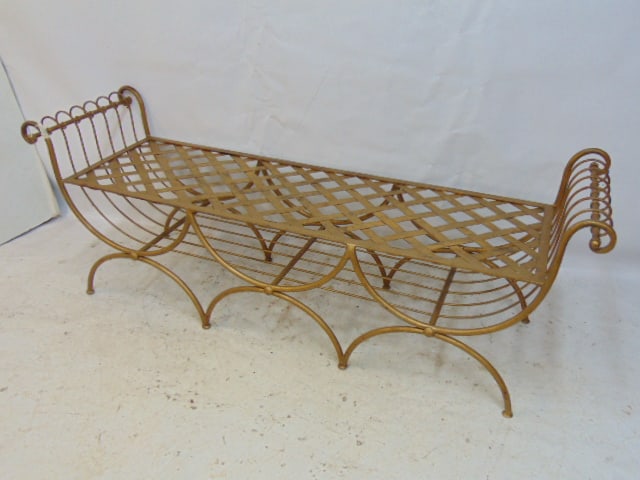 Gilt metal lattice seat bench with scrolled arms, 66" long, 18", seat height is 16.75": Gilt metal lattice seat bench with scrolled arms, 66" long, 18", seat height is 16.75"