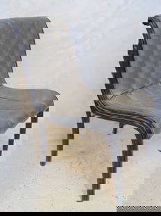 Paul Frankl Skyscraper chair, with original label, ebonized wood frame, ribbed grey vinyl: Paul Frankl Skyscraper chair, with original label, ebonized wood frame, ribbed grey vinyl upholstered, chair needs to be restored.