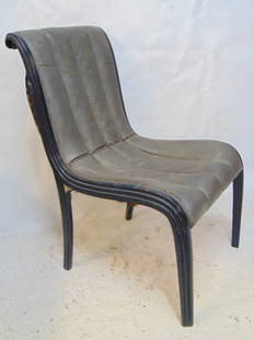 Paul Frankl Skyscraper chair, with original label, ebonized wood frame, ribbed grey vinyl: Paul Frankl Skyscraper chair, with original label, ebonized wood frame, ribbed grey vinyl upholstered, chair needs to be restored.