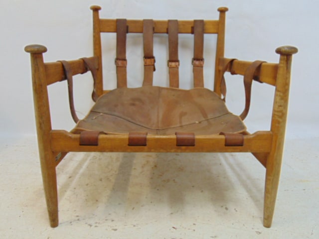 Swedish easy chair model Admiral designed by Eric Merton for Ire Mobler, strapped leather seat,: Swedish easy chair model Admiral designed by Eric Merton for Ire Mobler, strapped leather seat, back, wood weathered, chair is 29" wide, 30" deep, height is 30.5", seat height is 12" (varies)