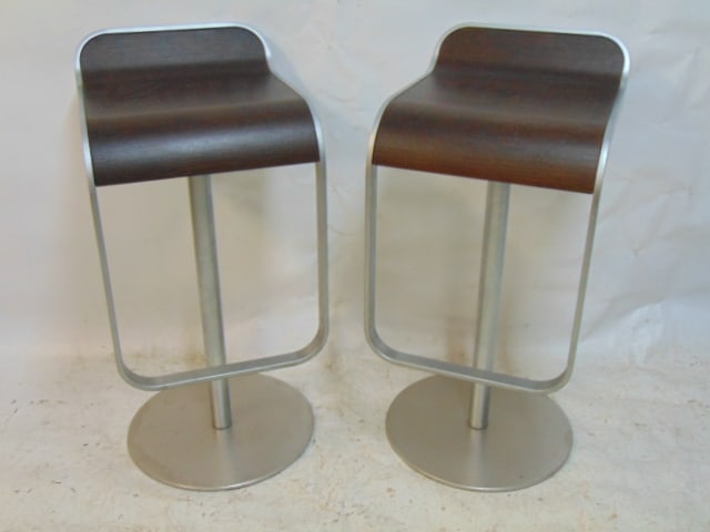 Pair Lapalma Italian modern design stools, brushed steel with bent wood, molded wood seats,height is (1 of 6)