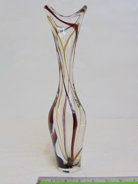 Vintage Max Verboeket art glass vase, Maastricht, Dutch, clear with brown and green stripes, height: Vintage Max Verboeket art glass vase, Maastricht, Dutch, clear with brown and green stripes, height is 13.5"