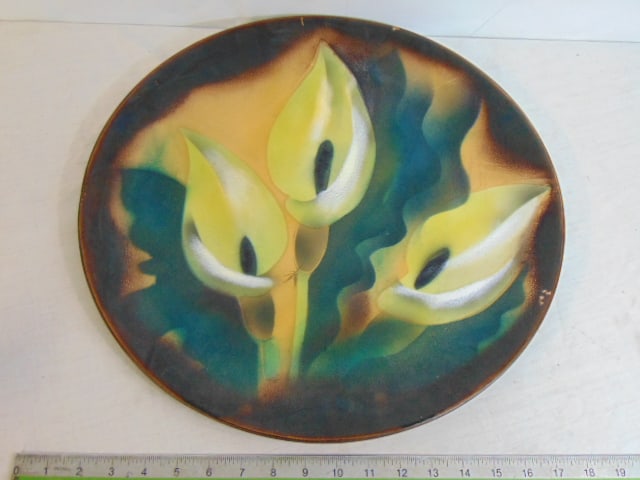 Enameled copper tray by Edward Winter, floral decorated, Calla Lily (?), few small chips and (1 of 7)