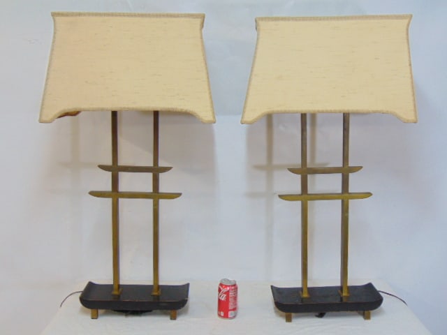 Pair James Mont brass table lamps with shades, pagoda style on wood bases, lamps are 37" tall, (1 of 8)