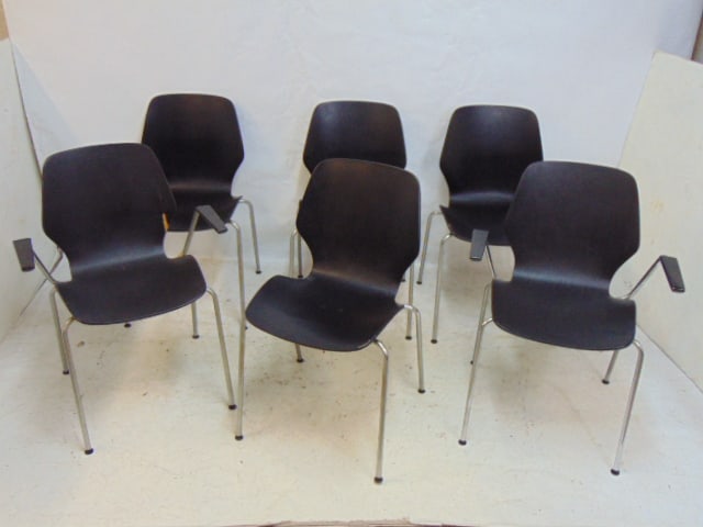 Set 6 Arne Jacobsen teak chairs with black finish, chrome frames, two arm chairs, 4 side, one arm (1 of 9)